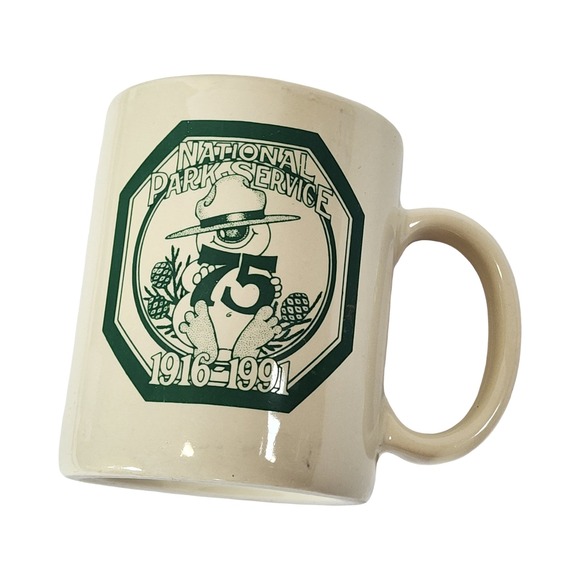 Vintage National Park Service 75th Anniversary Mug 1916-1991 Green Cream Ceramic